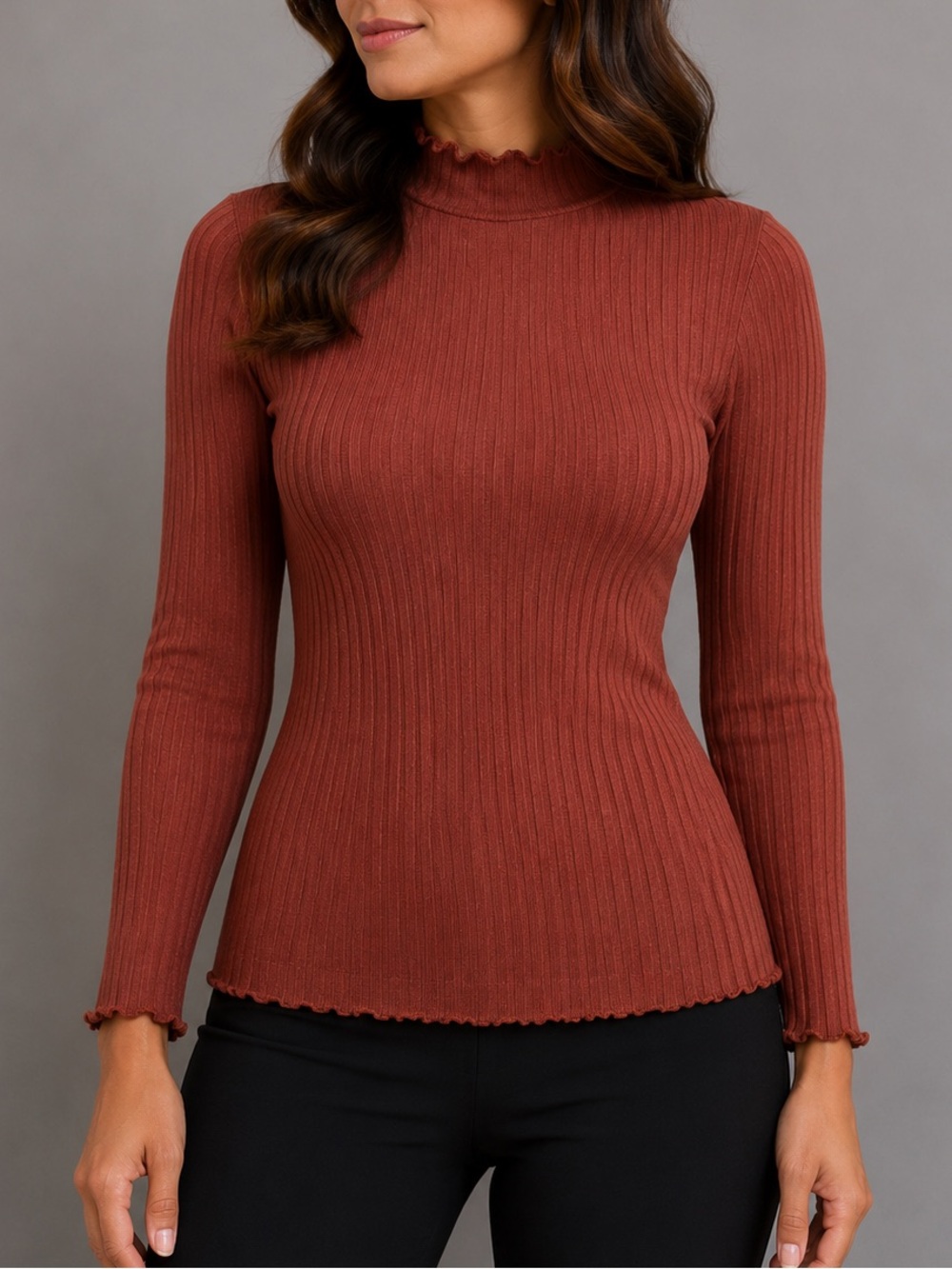 GINGER G RUST RIBBED MOCK NECK TOP | LONG SLEEVES | FALL ESSENTIAL | CASUAL CHIC